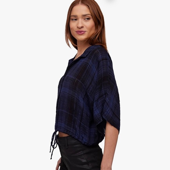NWT Bella Dahl Women's Flowy Tie Waist Shirt Admiral Blue Plaid Small - Picture 2 of 10